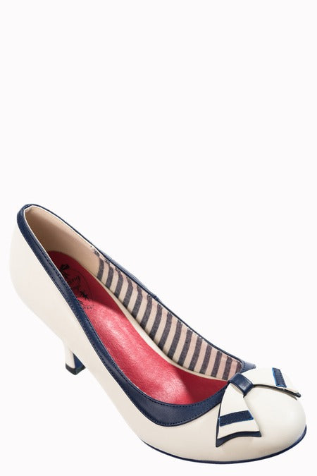 Vintage Nautical Cream And Navy Court Bow Shoes