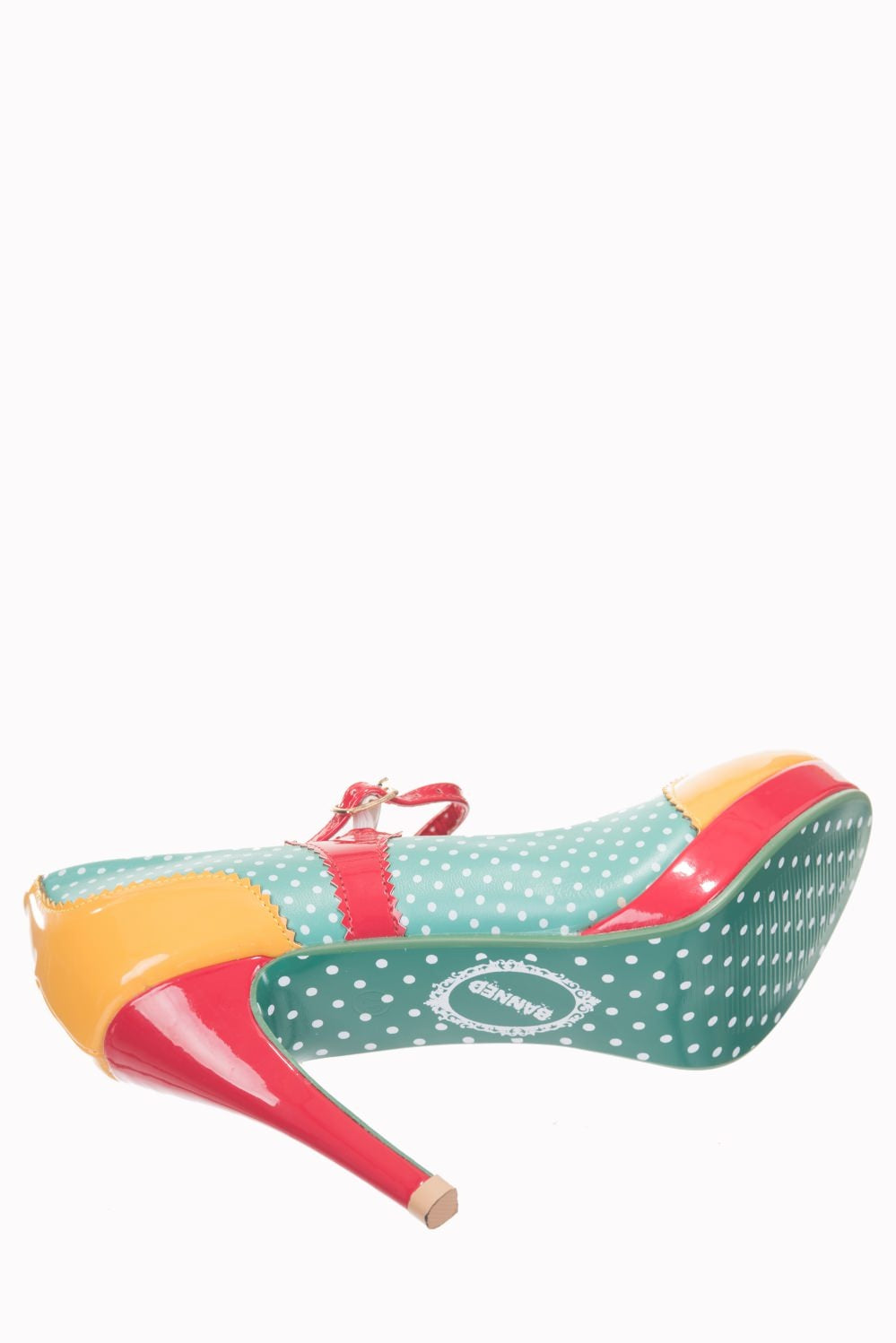Aqua Blue, Red And Yellow Polka Dot Platform Party High Heels