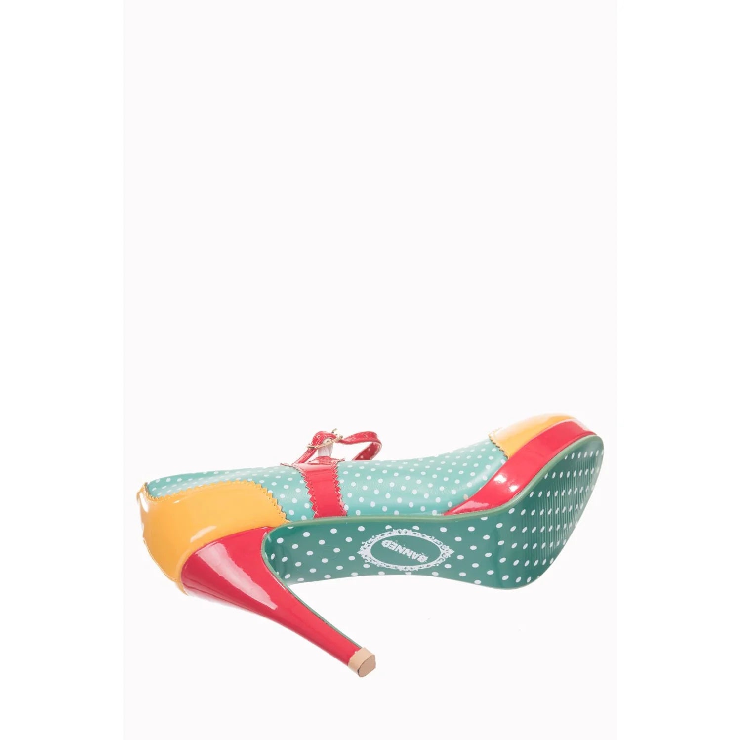 Aqua Blue, Red And Yellow Polka Dot Platform Party High Heels