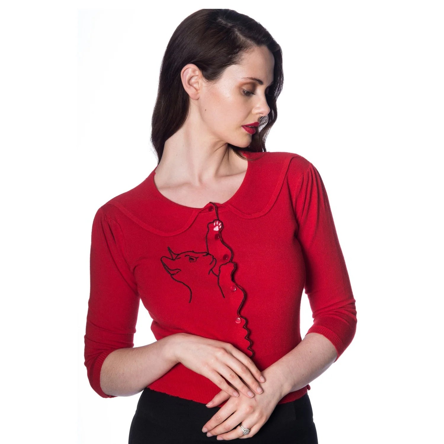 3/4 Sleeve Red Kitten Embroidered Crop Cardigan