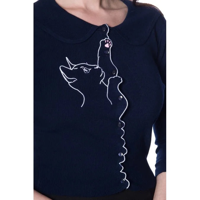 Midnight Blue Cat Kitten Embroidered Crop 3/4 Sleeve Cardigan