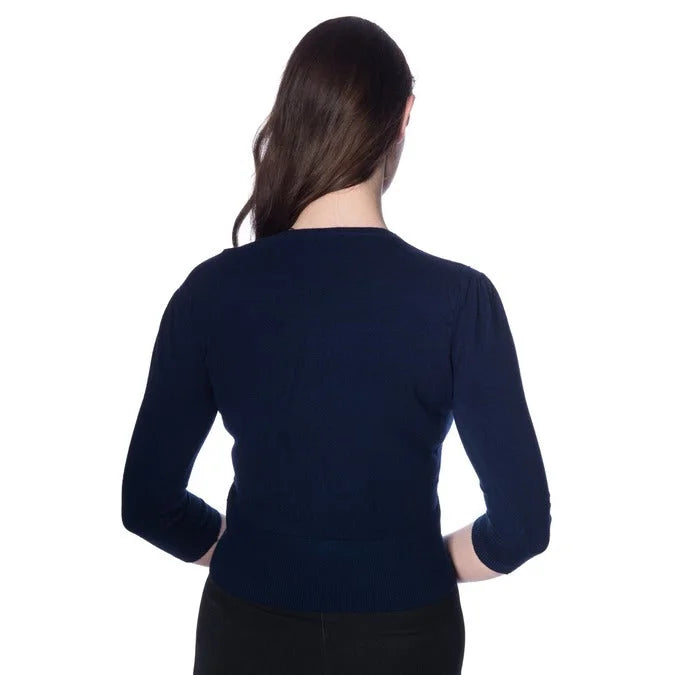 Midnight Blue Cat Kitten Embroidered Crop 3/4 Sleeve Cardigan