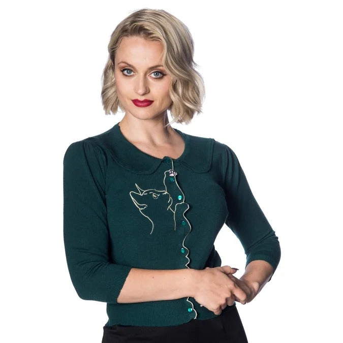 Forest Green 3/4 Sleeve Kitten Cat Embroidered Crop Cardigan