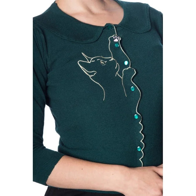 Forest Green 3/4 Sleeve Kitten Cat Embroidered Crop Cardigan