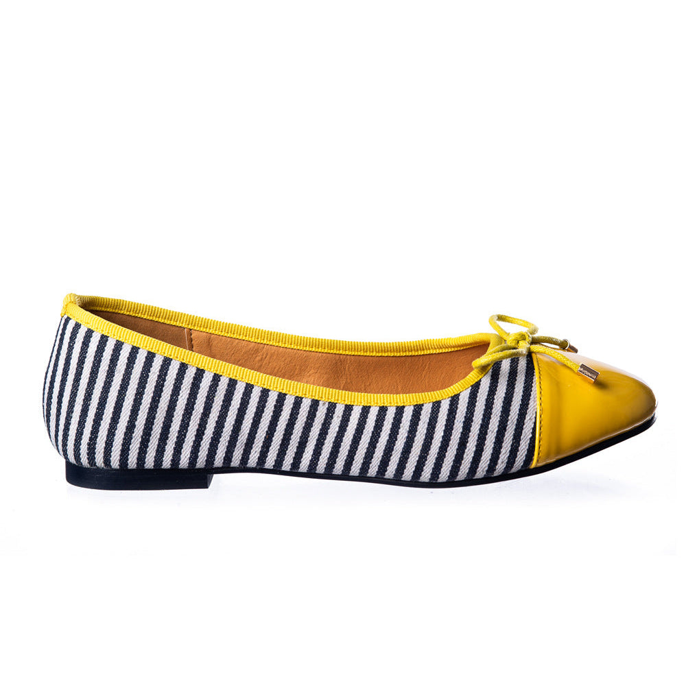 Navy Blue And White Striped Yellow Toe Ballerina Pumps Flats