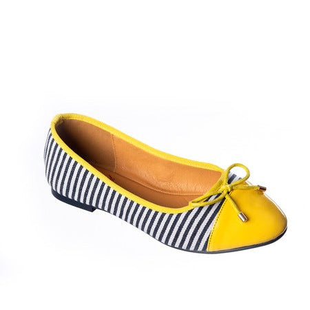 Navy Blue And White Striped Yellow Toe Ballerina Pumps Flats