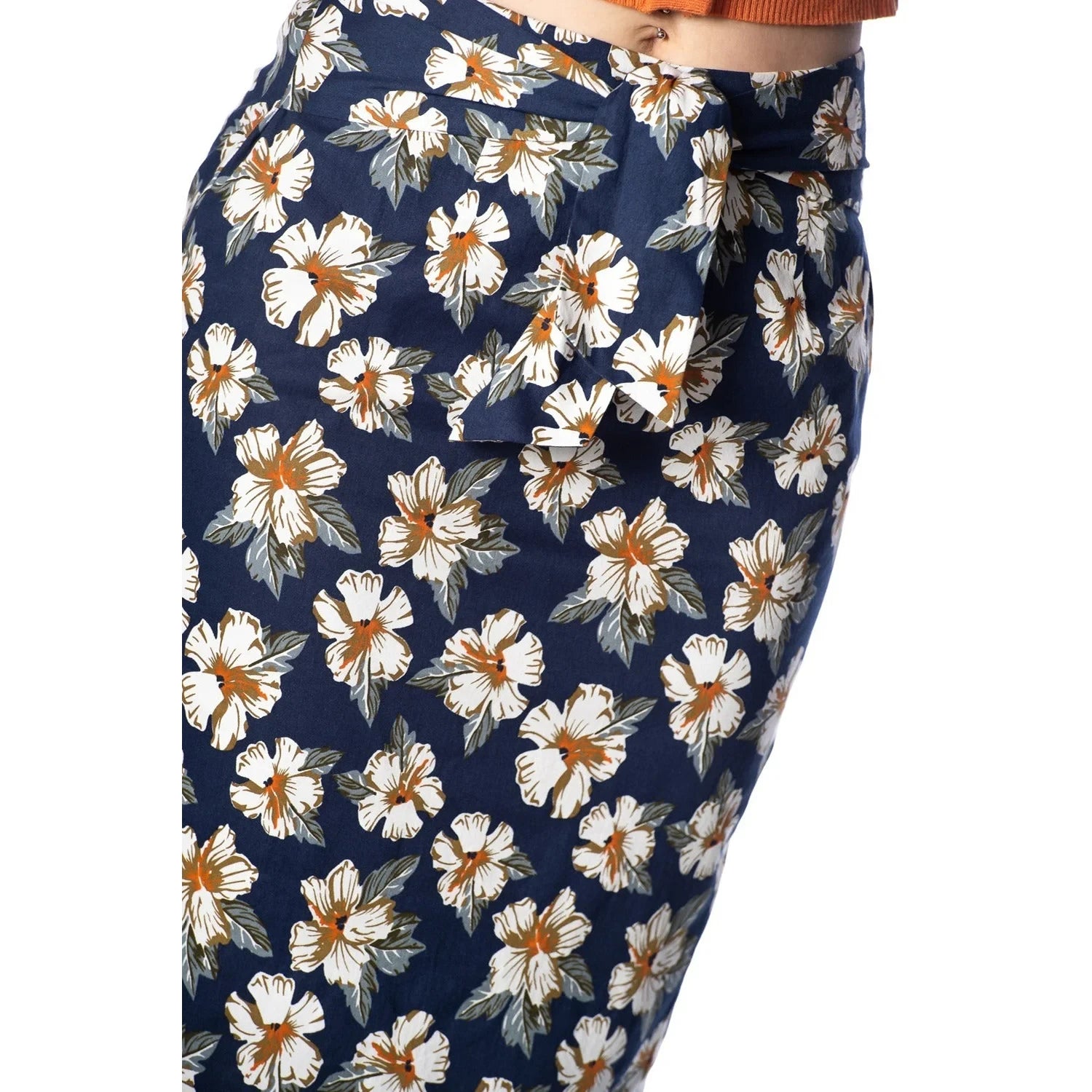 Navy Hawaiian Style Floral Tie-Waist Pencil Skirt