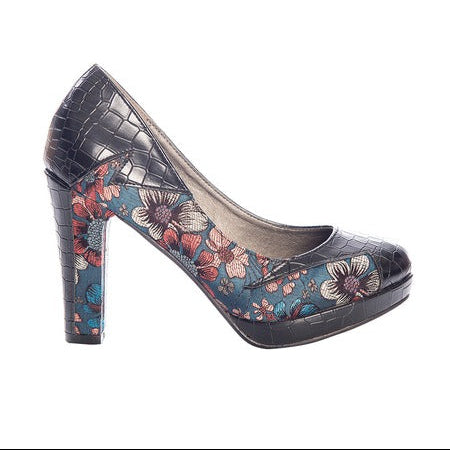 Black And Metallic Teal Floral High Heel Court Shoes