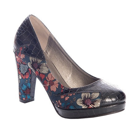Black And Metallic Teal Floral High Heel Court Shoes