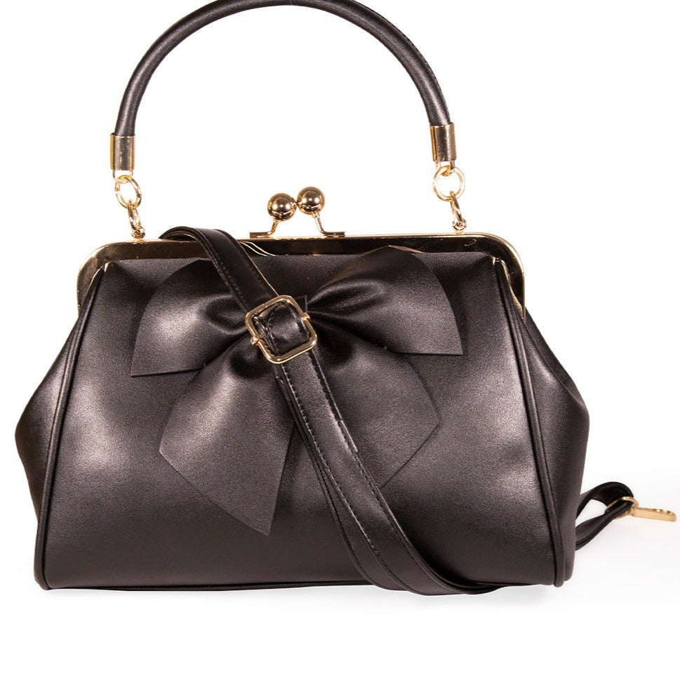 Black Retro Bow Handbag With Shoulder Strap