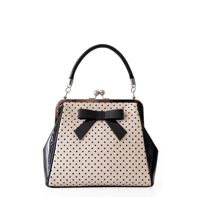 Blush And Black Polka Dot Retro Handbag with Black Bow