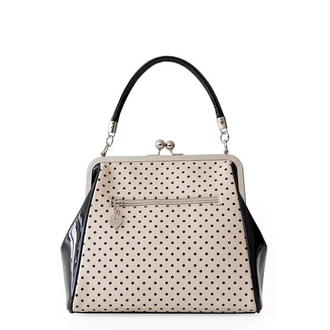 Blush And Black Polka Dot Retro Handbag with Black Bow
