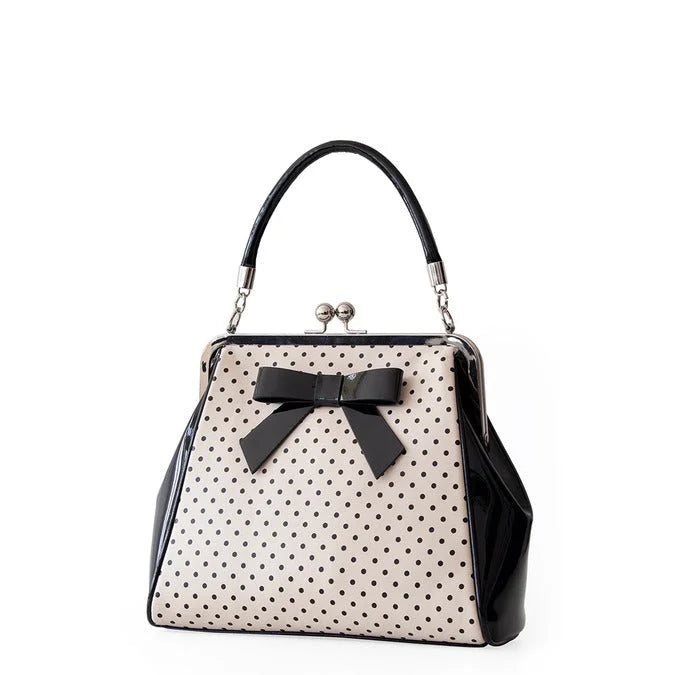 Blush And Black Polka Dot Retro Handbag with Black Bow