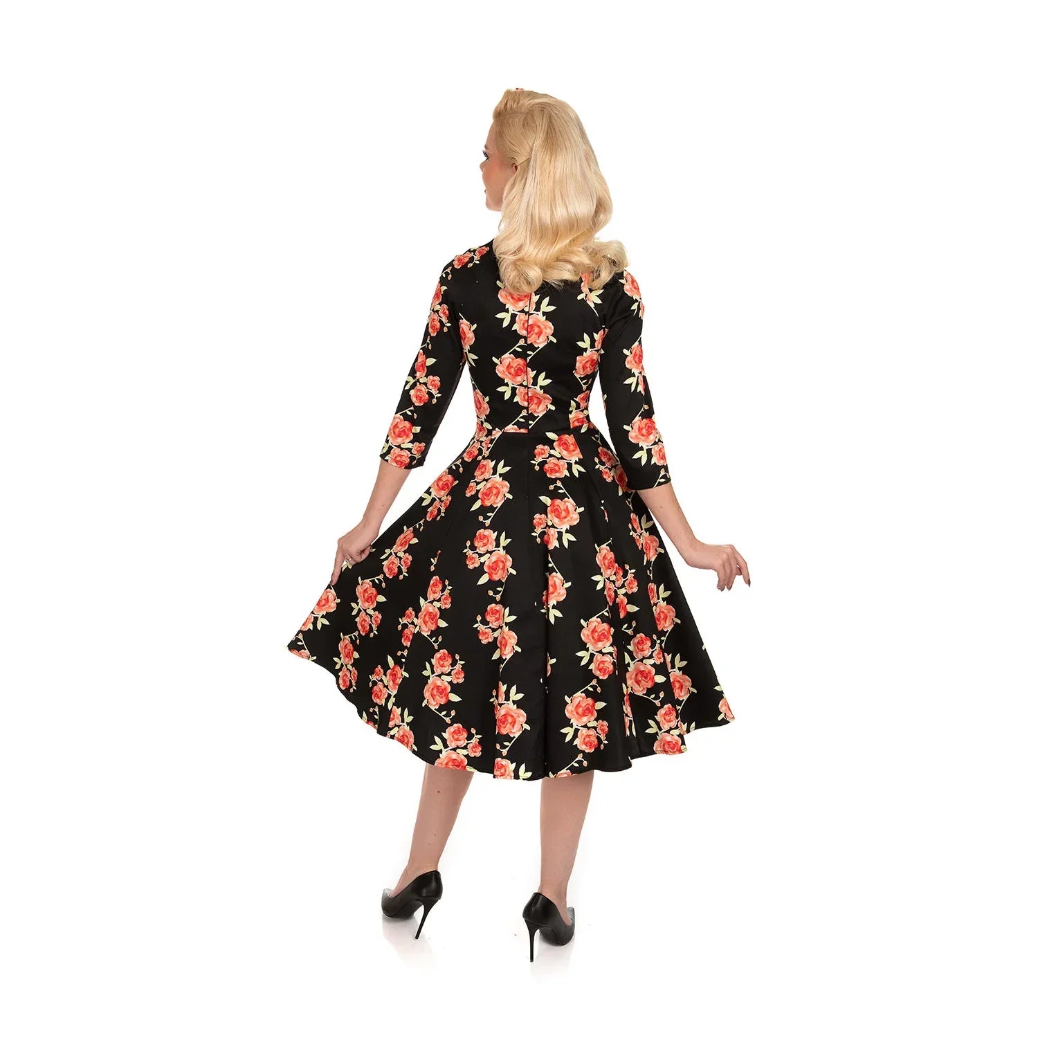 Black Burnt Orange Floral Print 3/4 Sleeve V Neckline 50s Swing Dress With Pockets