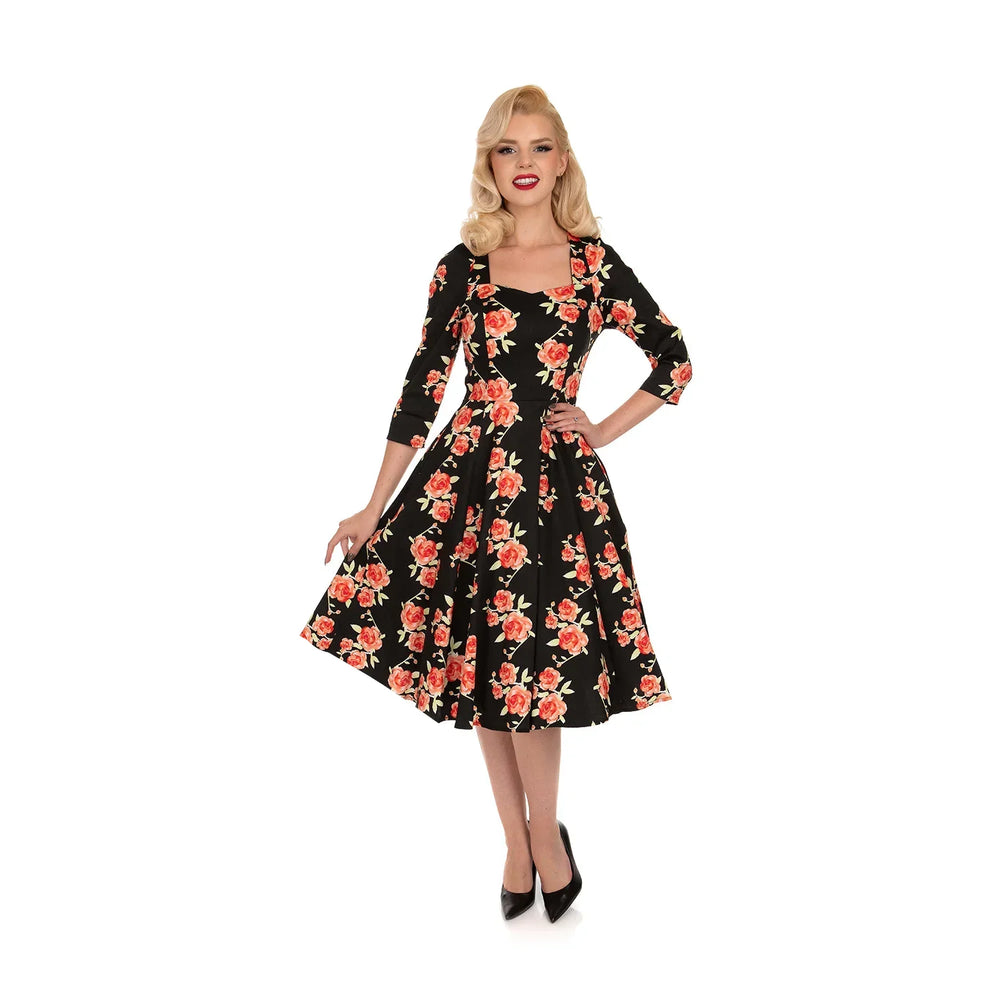 Black Burnt Orange Floral Print 3/4 Sleeve V Neckline 50s Swing Dress With Pockets
