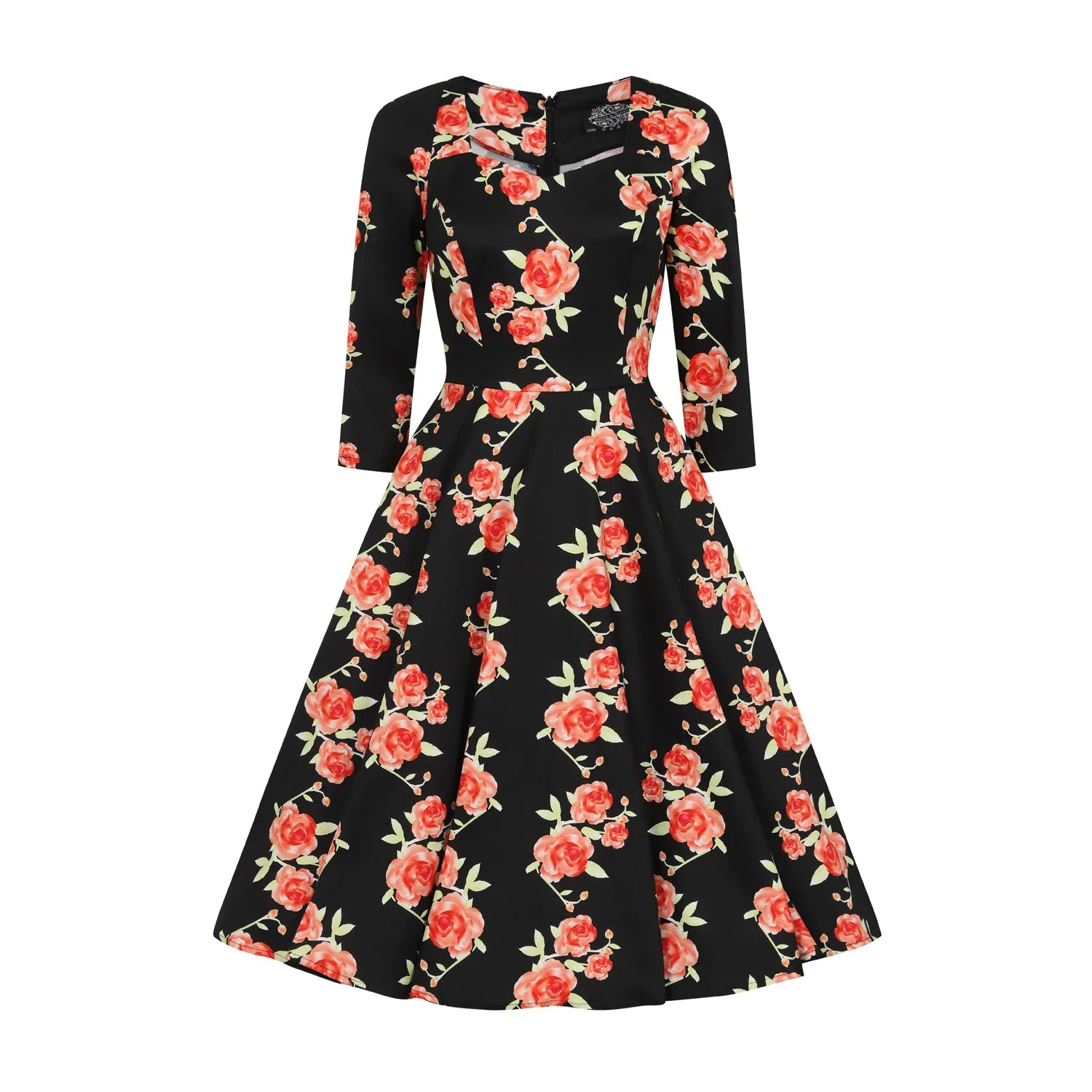 Black Burnt Orange Floral Print 3/4 Sleeve V Neckline 50s Swing Dress With Pockets