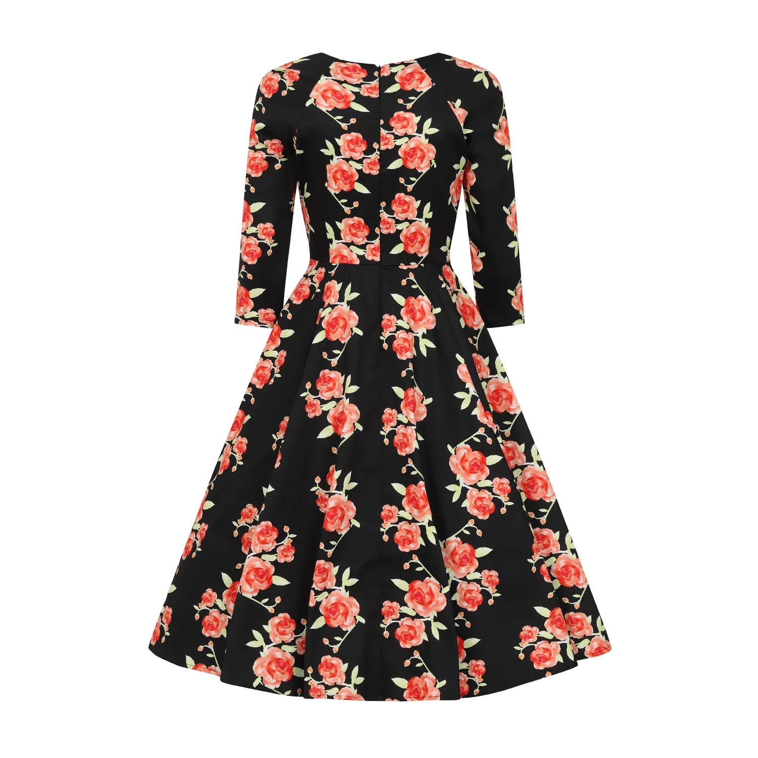 Black Burnt Orange Floral Print 3/4 Sleeve V Neckline 50s Swing Dress With Pockets