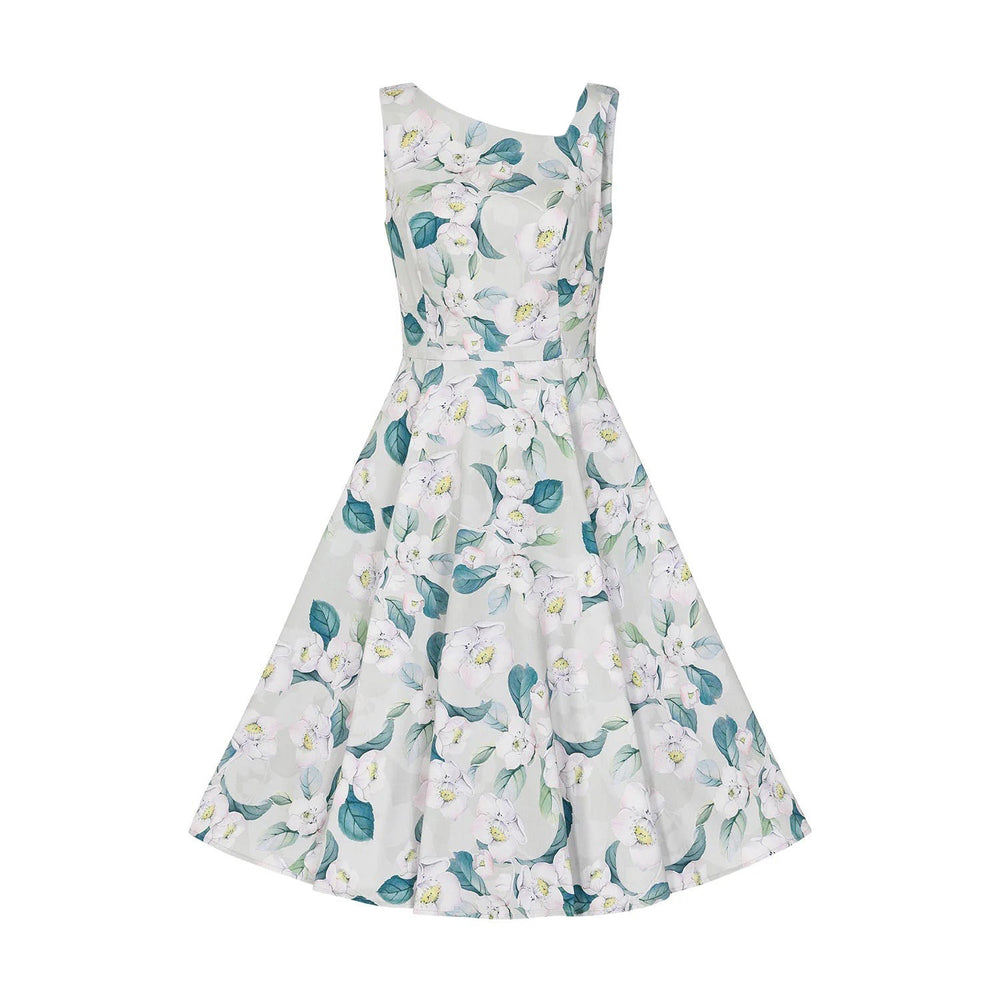 Soft Green & Teal Floral Assymetric Neck Rockabilly 50s Swing Dress