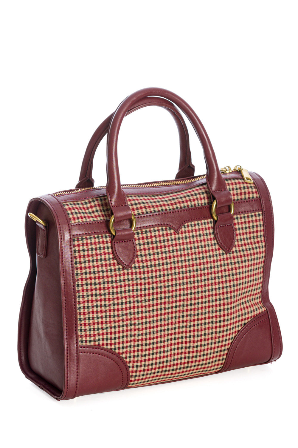 Brown Gingham Check Bowling Bag With Detachable Shoulder Strap