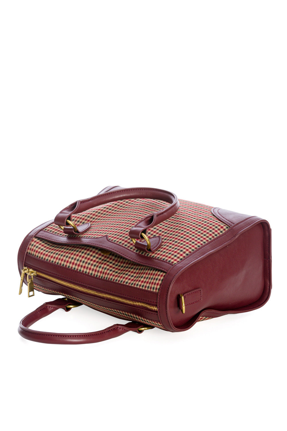 Brown Gingham Check Bowling Bag With Detachable Shoulder Strap