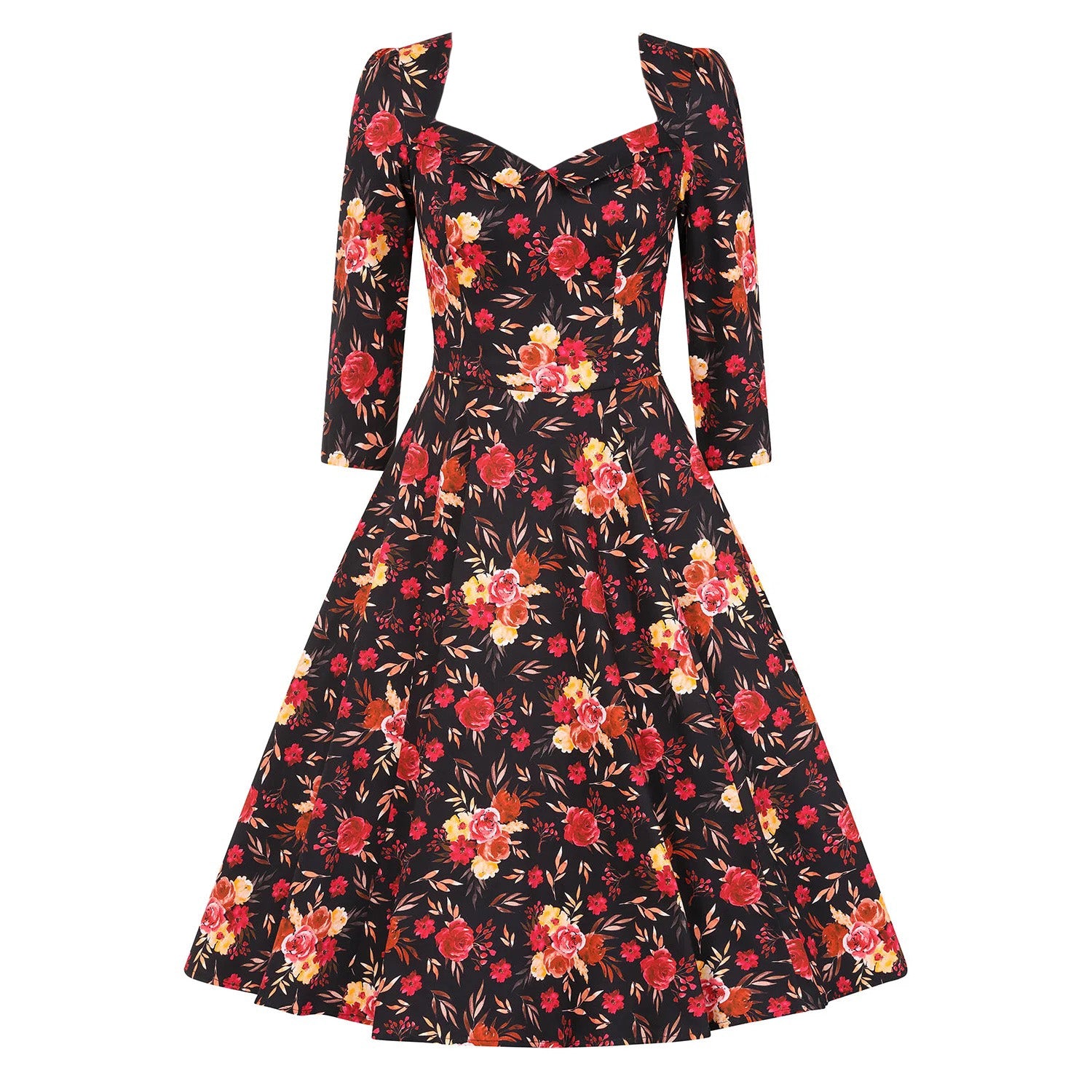 Black Multi Red Floral Print 3/4 Sleeve Sweetheart Neckline 50s Swing Dress With Pockets