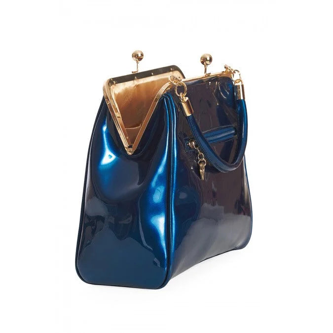 Vintage Teal Blue Retro Patent Handbag Pretty Kitty Fashion