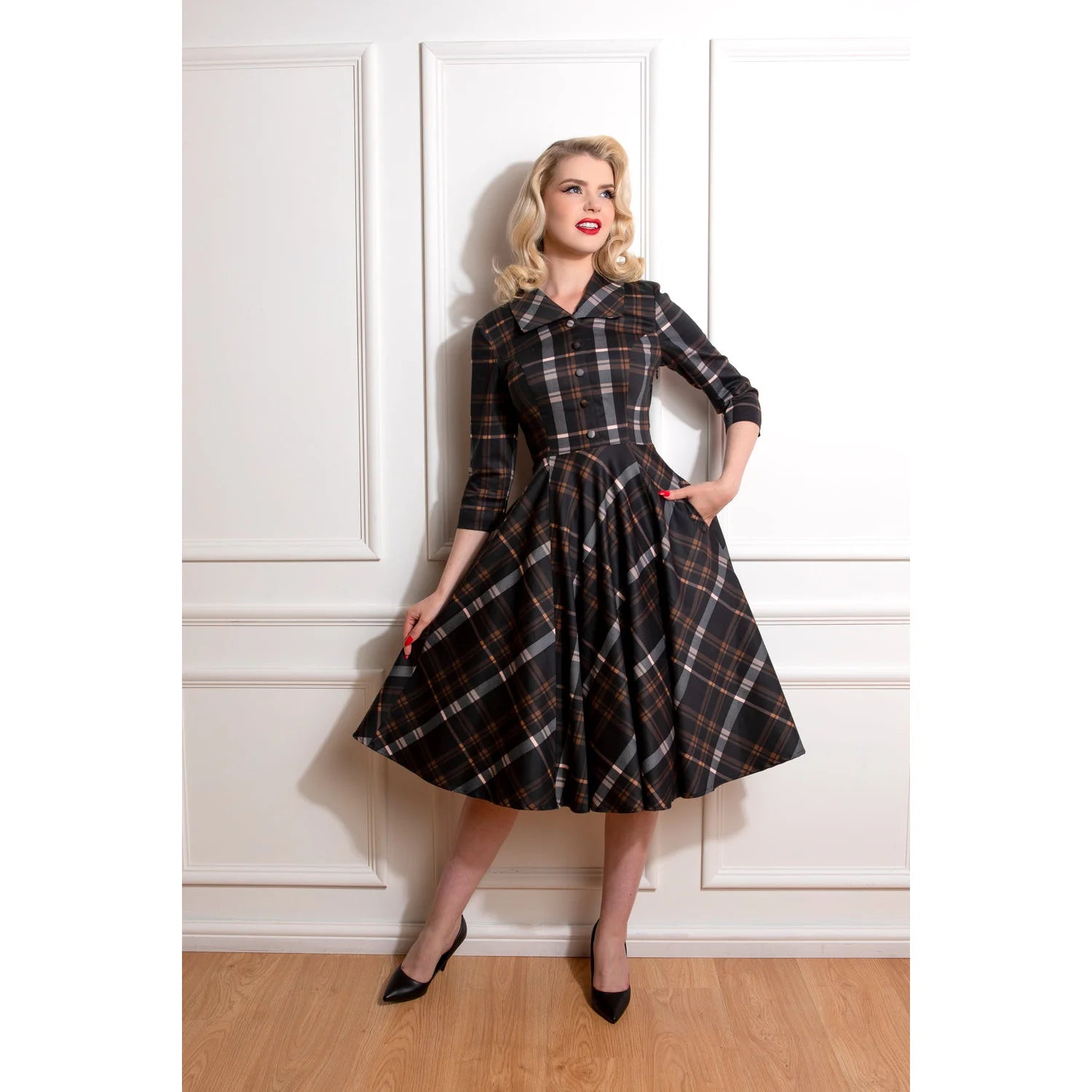 Black Cream Winter Check 3/4 Sleeve With Lapel Collar 50s Swing Dress With Pockets