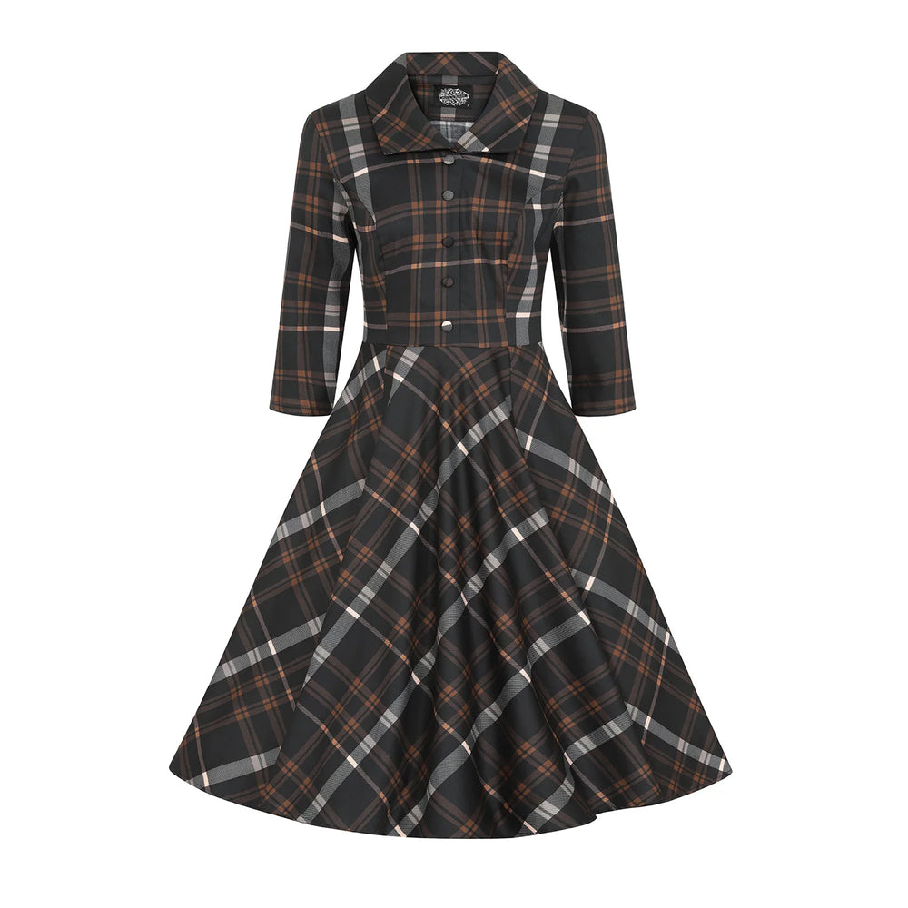 Black Cream Winter Check 3/4 Sleeve With Lapel Collar 50s Swing Dress With Pockets