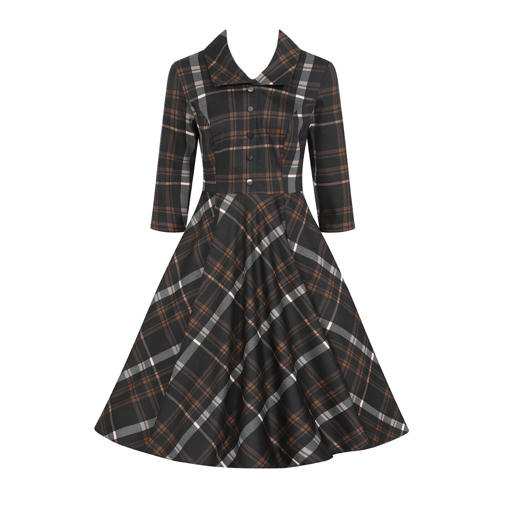 Black Cream Winter Check 3/4 Sleeve With Lapel Collar 50s Swing Dress With Pockets