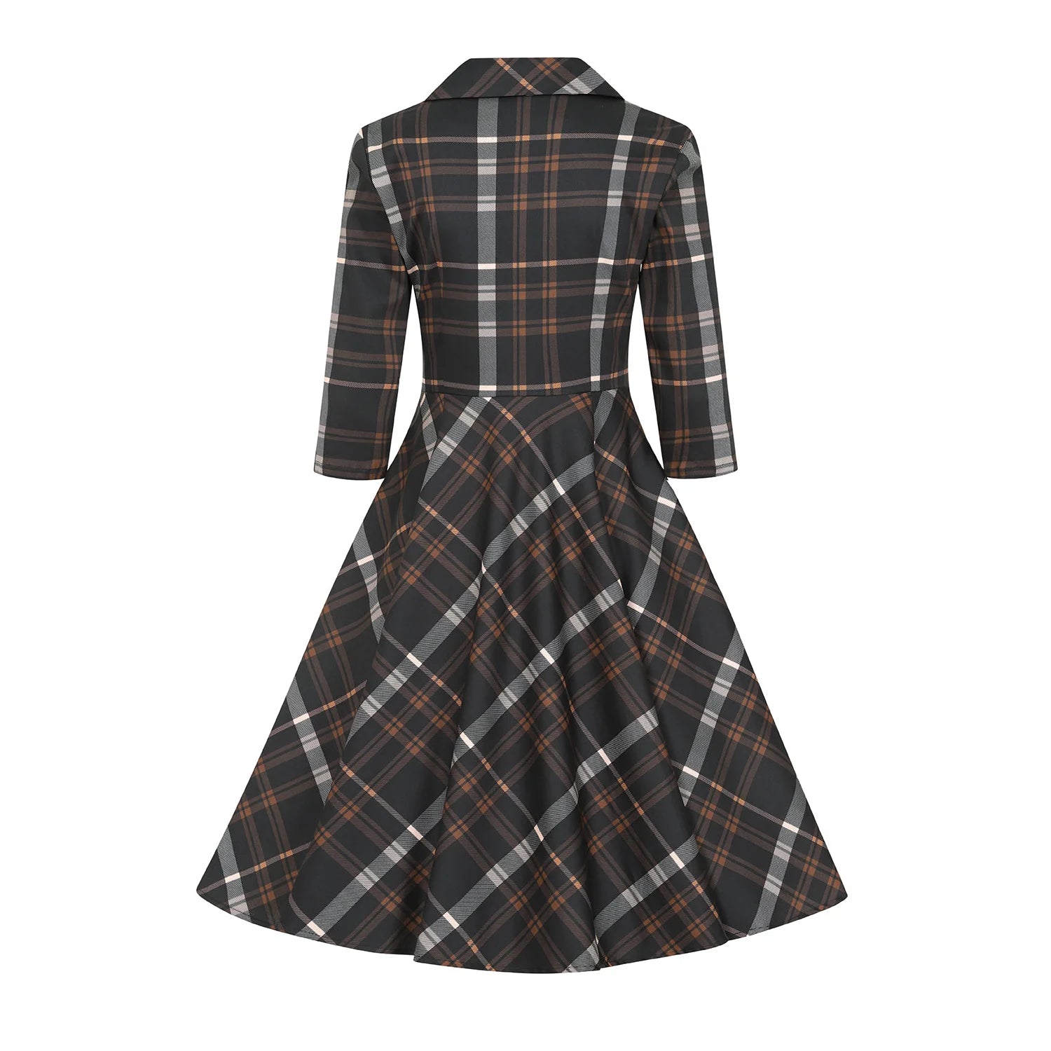 Black Cream Winter Check 3/4 Sleeve With Lapel Collar 50s Swing Dress With Pockets