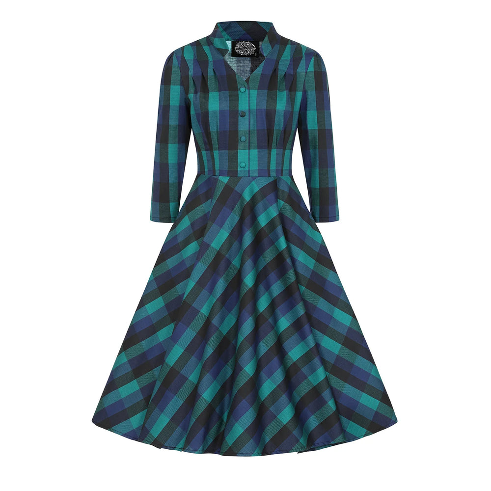 Blue Check Print 3/4 Sleeve Collared 50s Swing Tea Dress With Pockets