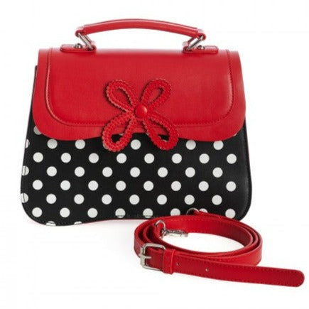 Red, Black and White Polka Dot Handbag with Flower Applique Detail