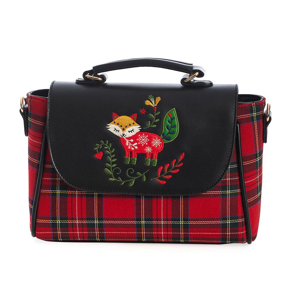 Red and Black Plaid Tartan Check Unique Fox Embroidered Handbag With Detachable Shoulder Strap