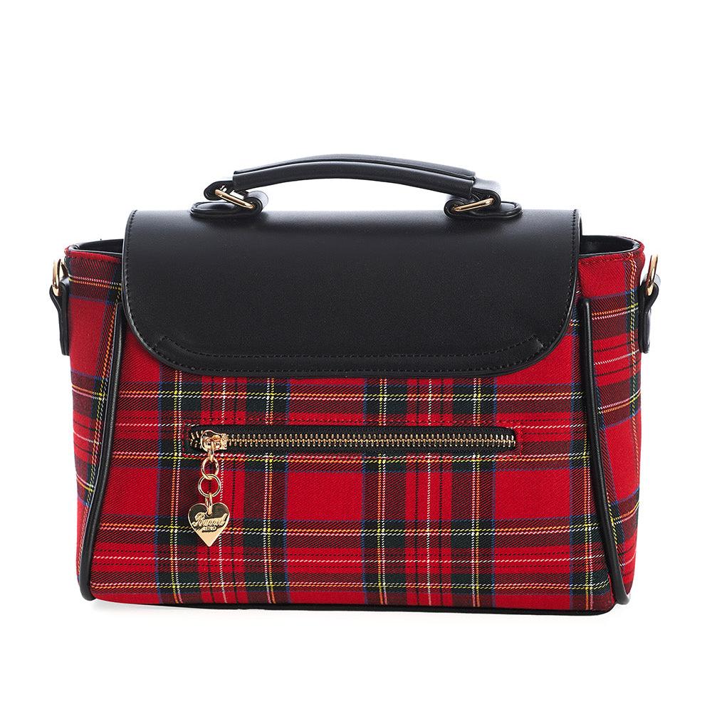 Red and Black Plaid Tartan Check Unique Fox Embroidered Handbag With Detachable Shoulder Strap