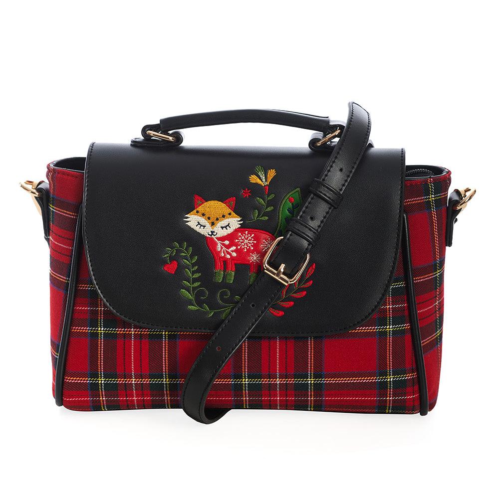 Red and Black Plaid Tartan Check Unique Fox Embroidered Handbag With Detachable Shoulder Strap