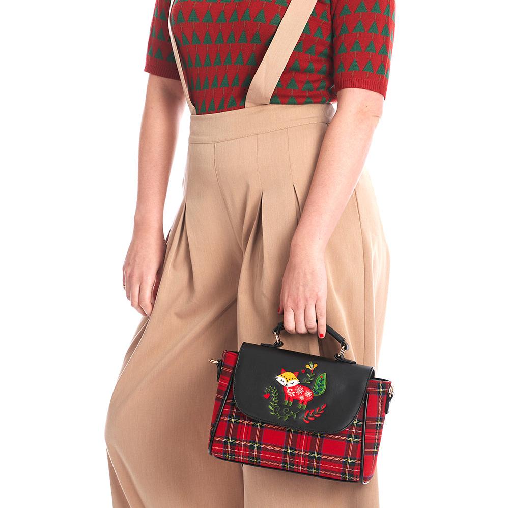 Red and Black Plaid Tartan Check Unique Fox Embroidered Handbag With Detachable Shoulder Strap