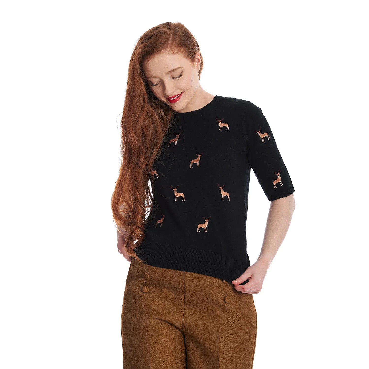 Brown Winter Reindeer 1/2 Sleeve Knitted Christmas Jumper