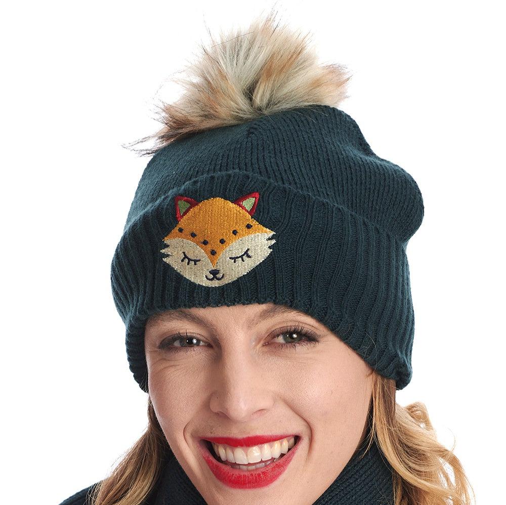 Forest Green Fox Pom Pom Beanie Wooly Hat