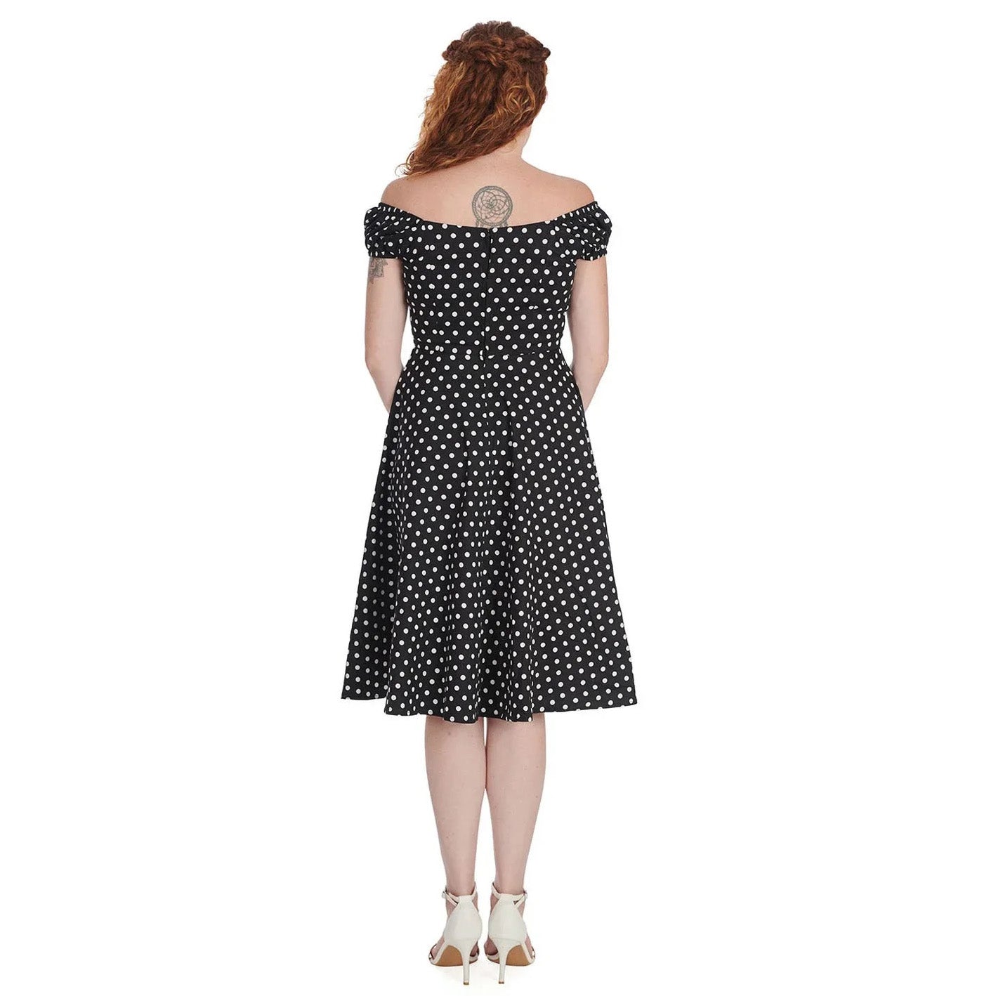 Black & White Polka Dot Bardot Neckline Puff Sleeve 50s Swing Dress