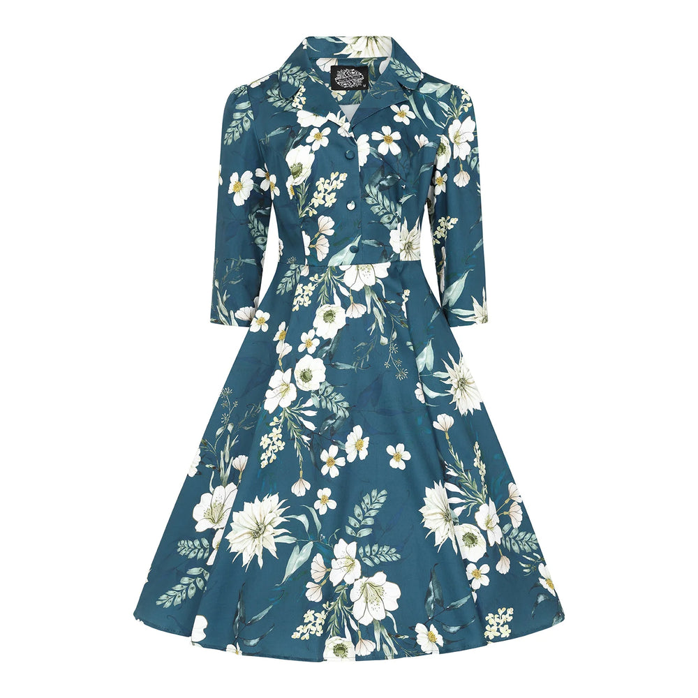 Blue Floral Print 3/4 Sleeve Collared 50s Swing Tea Dress With Pockets