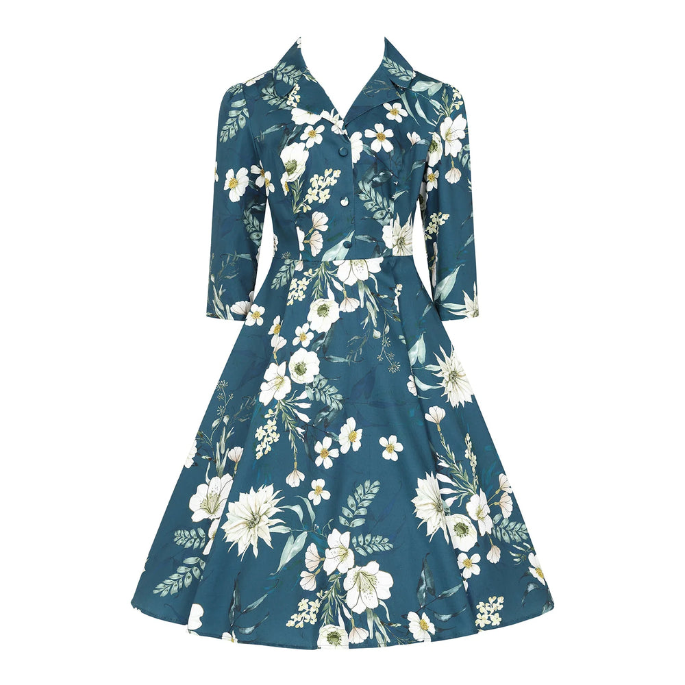 Blue Floral Print 3/4 Sleeve Collared 50s Swing Tea Dress With Pockets