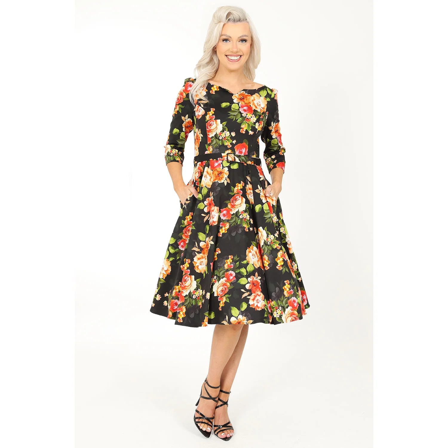 Black Floral Print 50s Swing Tea Dress With Boat Neck & 3/4 Sleeves ...