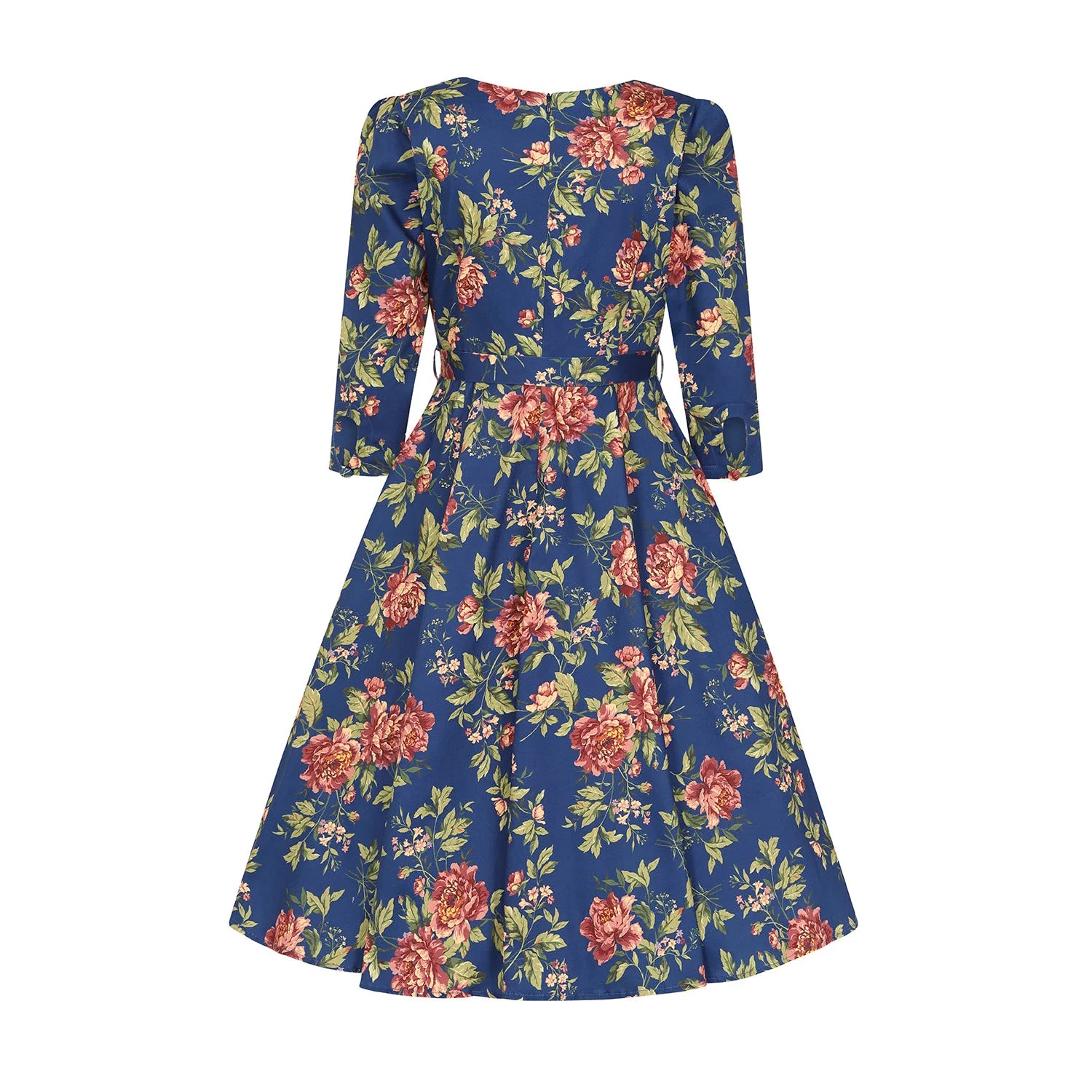 Blue Floral Print 50 Swing Tea Dress w/ Sweetheart Neckline & Pockets