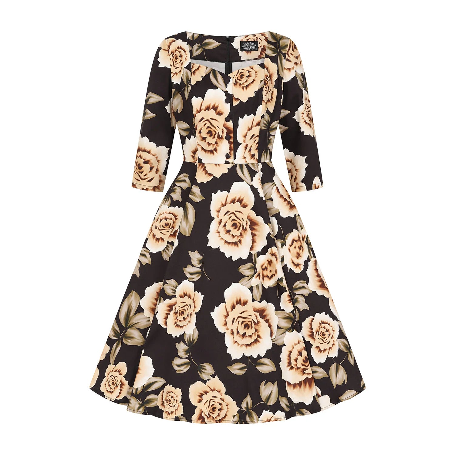 Black With Beige Floral Print 3/4 Sleeve V Neckline 50s Swing Dress With Pockets