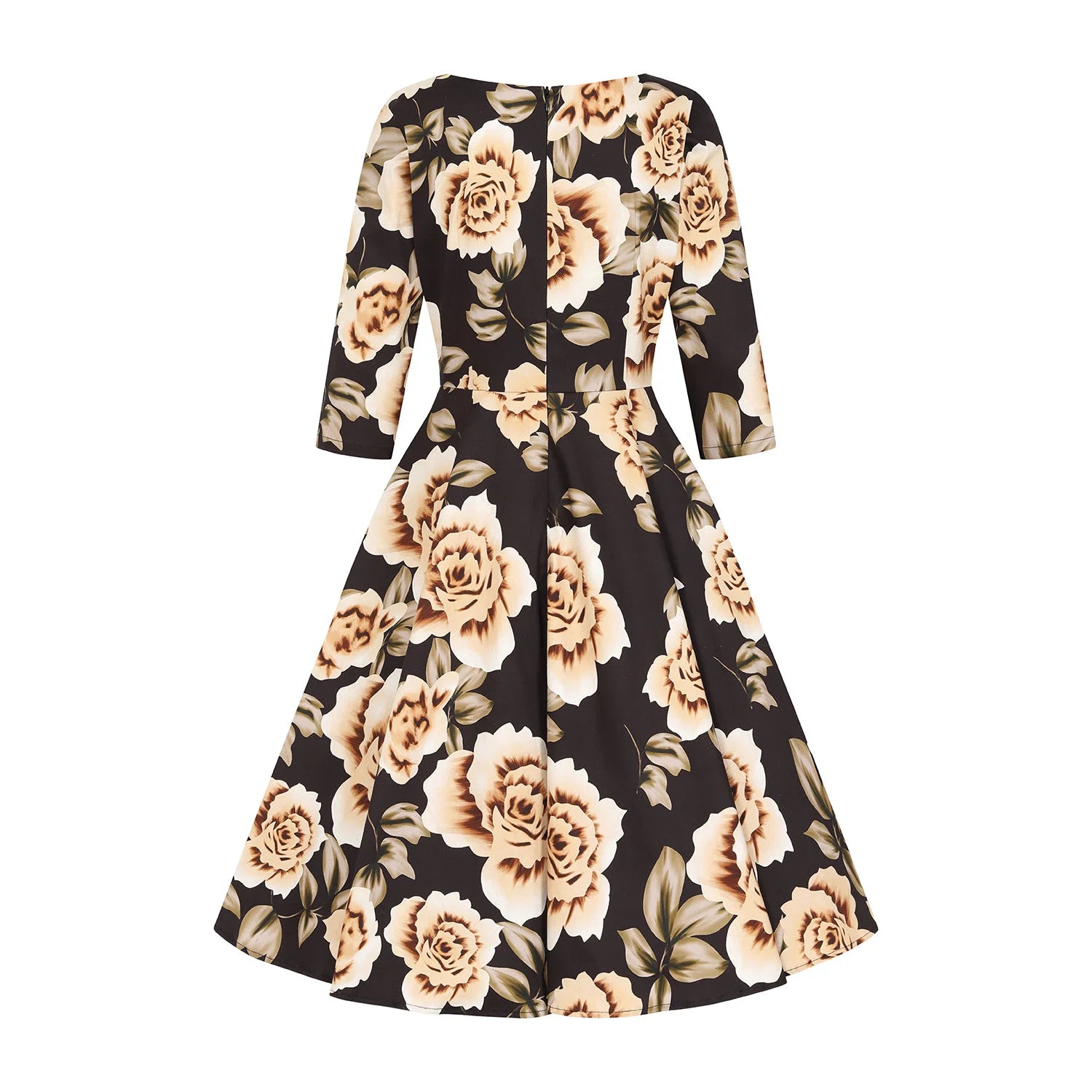 Black With Beige Floral Print 3/4 Sleeve V Neckline 50s Swing Dress With Pockets