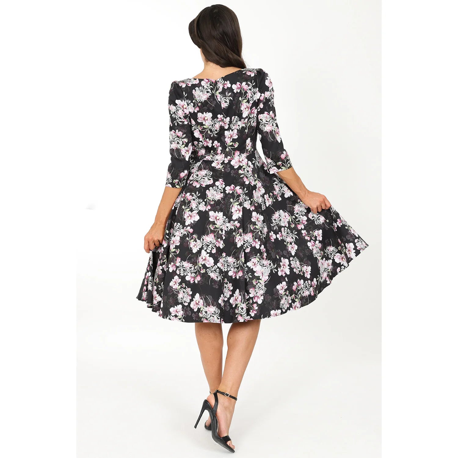 Black Pink Floral Print 50 3/4 Sleeve Swing Tea Dress With Pockets