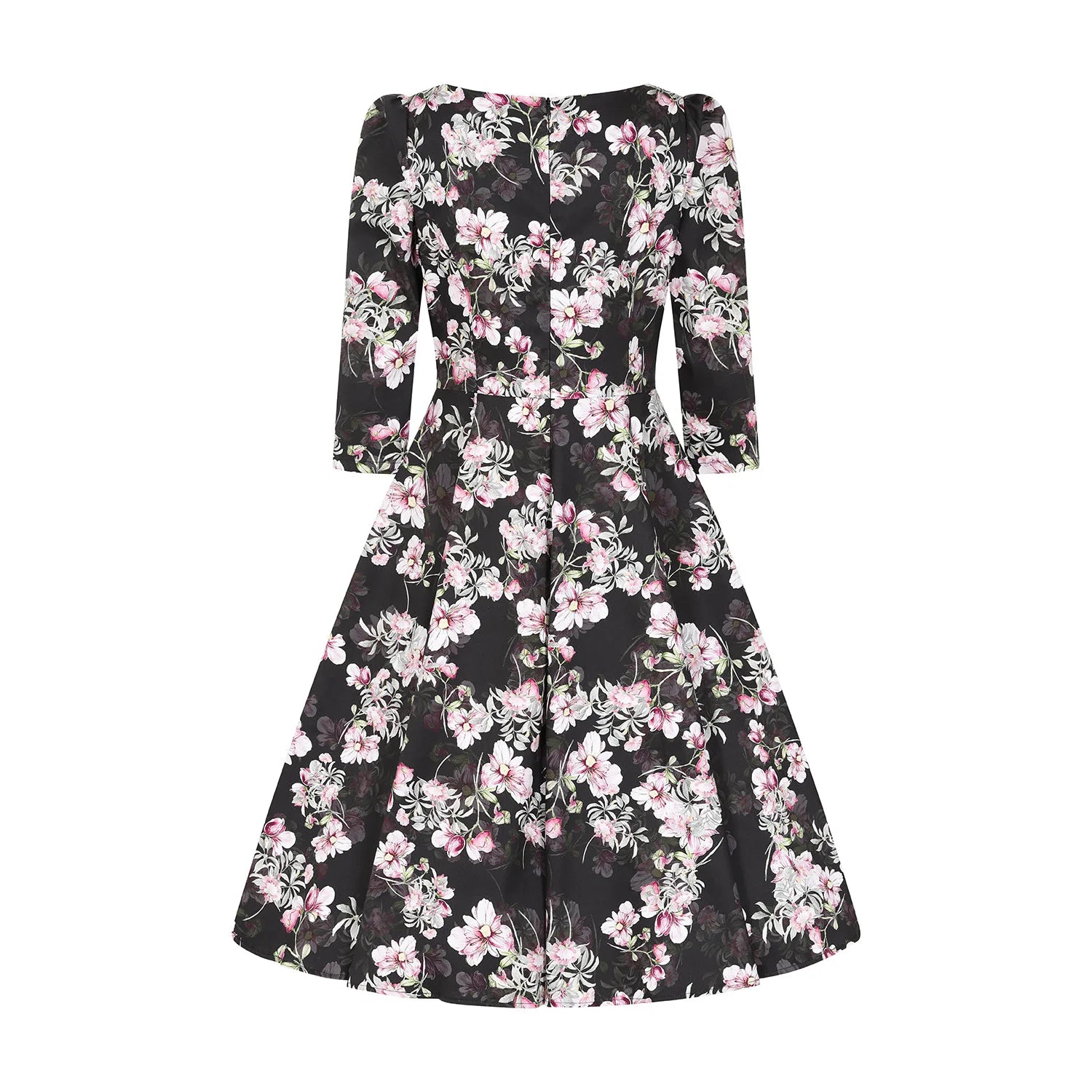 Black Pink Floral Print 50 3/4 Sleeve Swing Tea Dress With Pockets