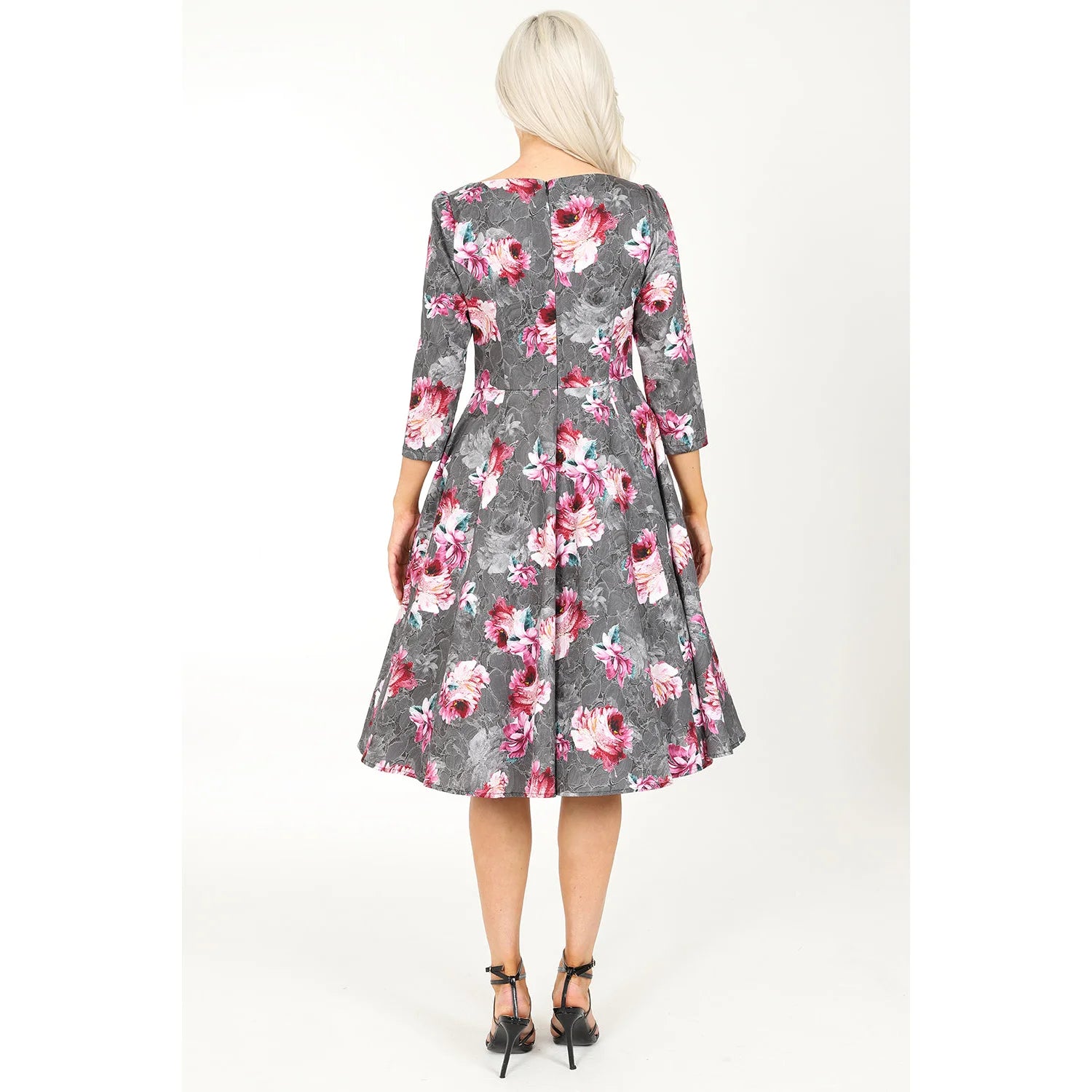 Grey Pink Floral Print 50 3/4 Sleeve Swing Tea Dress With Pockets