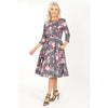 Grey Pink Floral Print 50 3/4 Sleeve Swing Tea Dress With Pockets