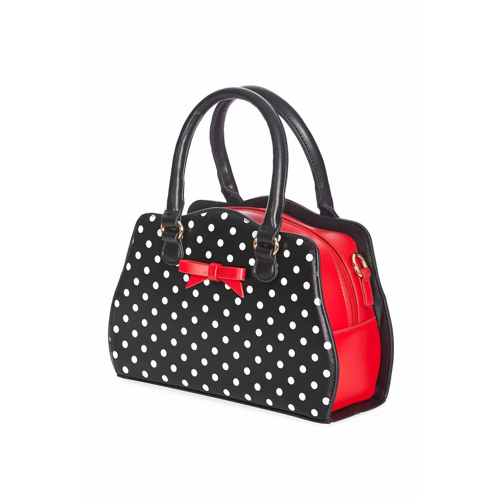 Black And White Polka Dot Handbag with Red Bow detail